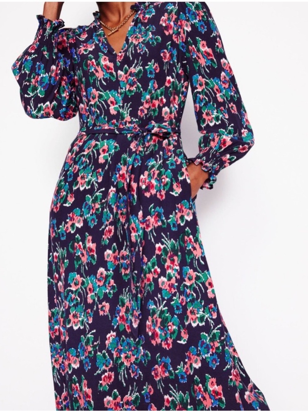 Boden Easy Notch Midi Dress Women’s Size 10 Floral‎ Long Sleeve Ruffle Navy Pink